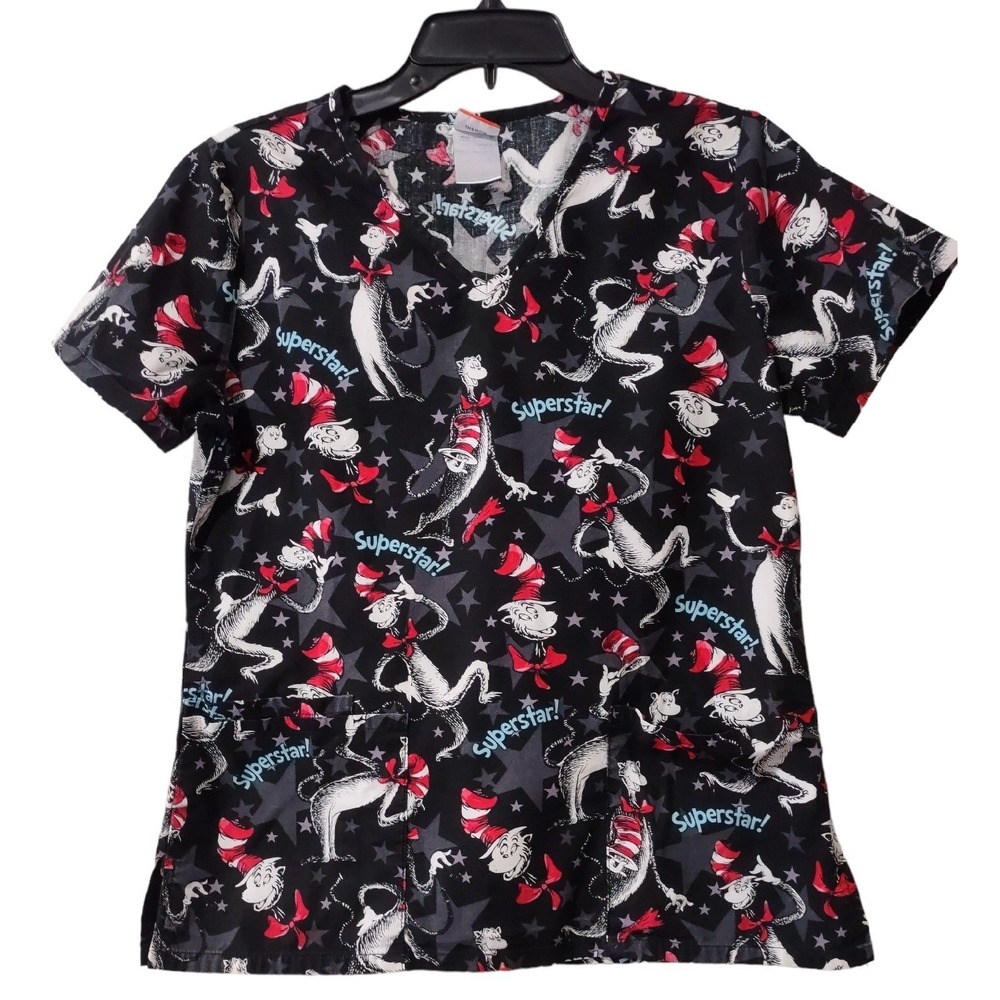 Dr Seuss Scrub Top Women's XS Cat in the‎ Hat Superstar Black Whimsical Graphic